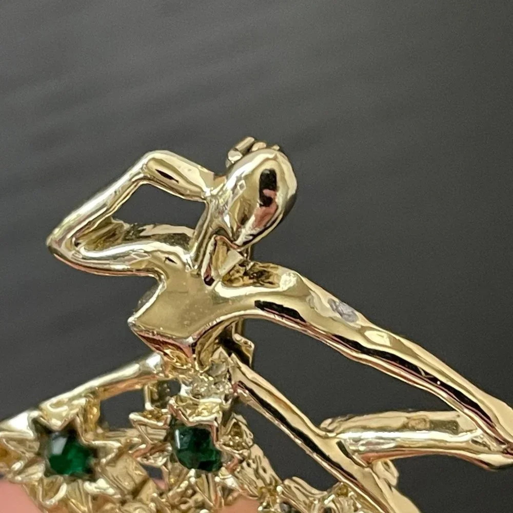Gerry’s Brooch Ballerina Dancer Figural W/ Tutu Gold Toned Green Rhinestones Pin